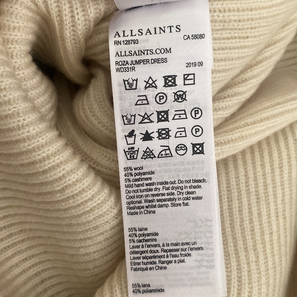 All Saints Roza Cashmere Wool Turtleneck Sweater Ribbed Midi Dress Cream White - Picture 11 of 11